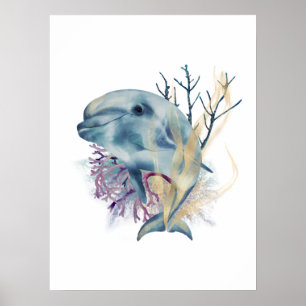 Watercolor Blue & Gold Dolphin Mauer Poster