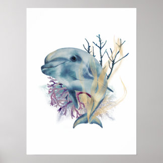 Watercolor Blue & Gold Dolphin Mauer Poster