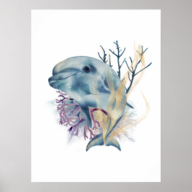 Watercolor Blue & Gold Dolphin Mauer Poster (Vorne)