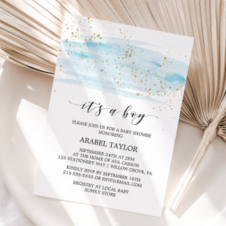 Watercolor Blue & Gold Es ist eine Baby-Dusche Einladung