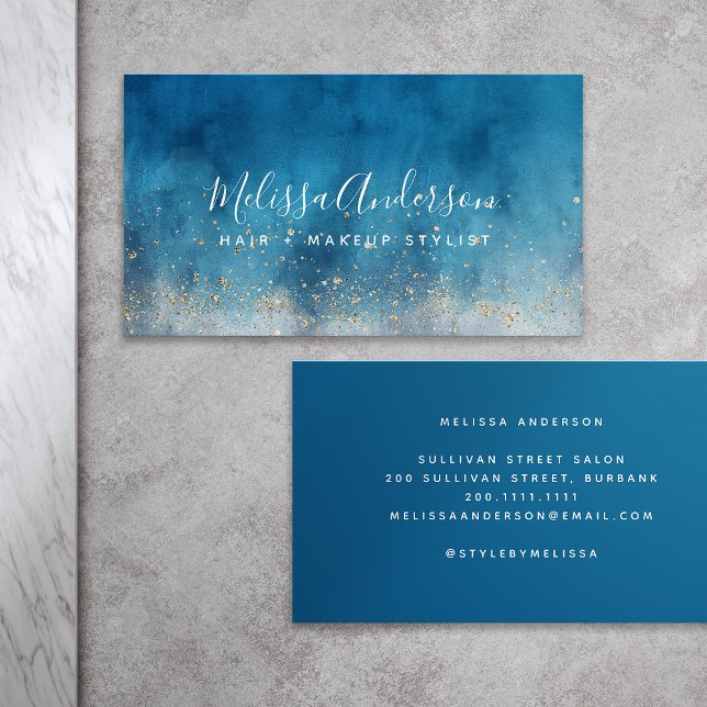 Watercolor Blue Gold Glitzer Calligraphy Visitenkarte (Von Creator hochgeladen)