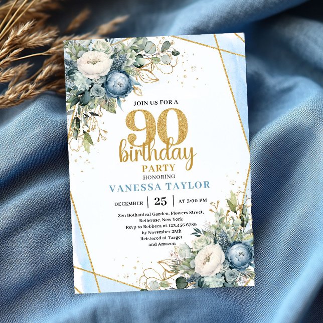 Watercolor Blue Gold Luxe 90th Birthday Invitation Einladung (Watercolor Blue Gold Luxe 90th Birthday Invitation)