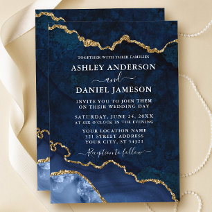 Watercolor Blue Gold Marble Agate Geode Wedding Einladung