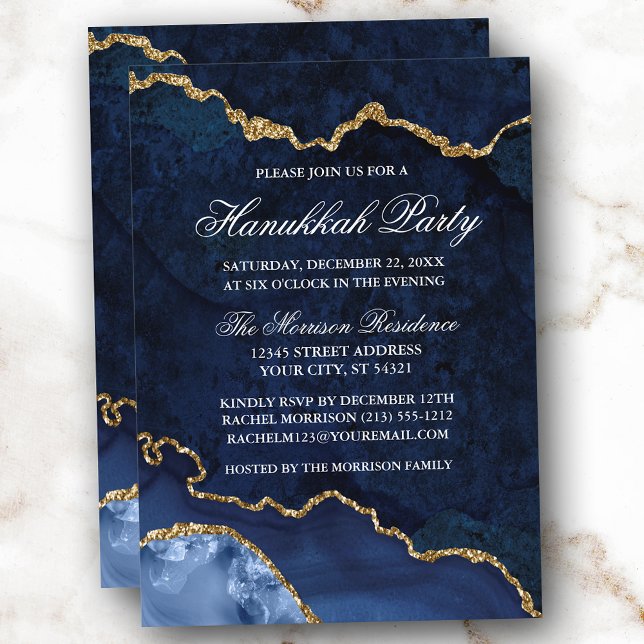 Watercolor Blue Gold Marble Geode Hanukkah Party Einladung (Customize to change text size, text style or to add more text to back of card.)