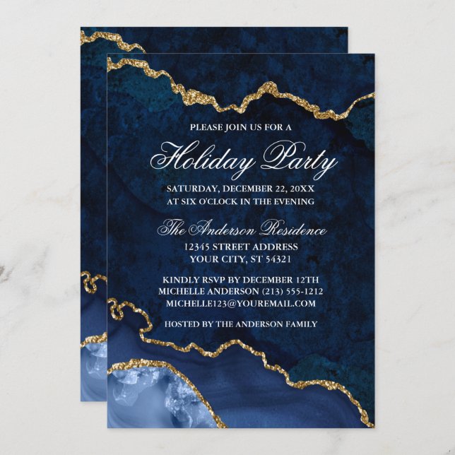 Watercolor Blue Gold Marble Geode Holiday Party Einladung (Vorne/Hinten)