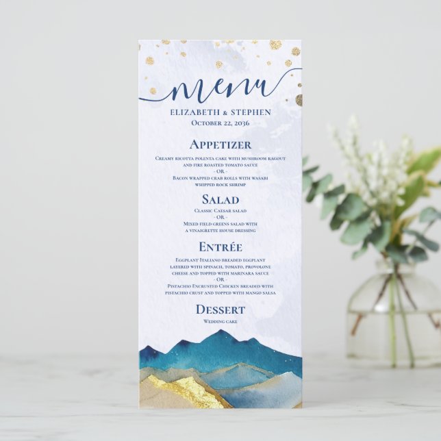 Watercolor Blue Gold Mountain Outdoor Wedding Menü Menükarte (Stehend Vorderseite)