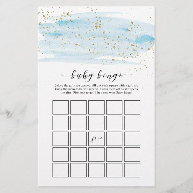 Watercolor Blue & Gold Sparkle Baby Bingo Game (Vorderseite)