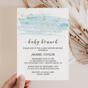 Watercolor Blue & Gold Sparkline Baby Brunch Einladung