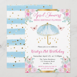 Watercolor Blue Gold Spring Umbrella 21. Geburtsta Einladung