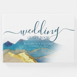 Watercolor Blue Golden Mountain Wedding Gästebuch