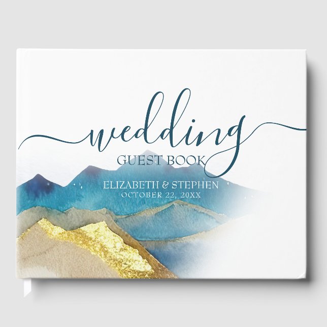 Watercolor Blue Golden Mountain Wedding Gästebuch (Vorderseite)