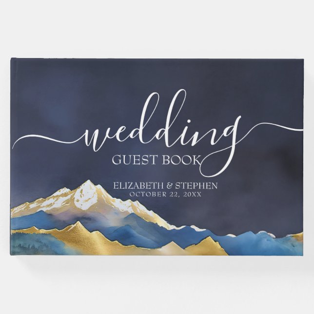 Watercolor Blue Golden Mountain Wedding Gästebuch (Vorderseite)