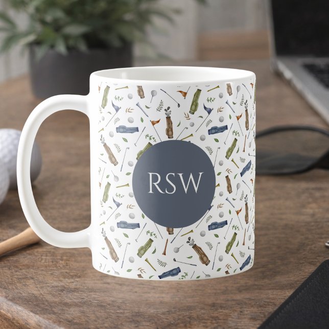 Watercolor Blue Green Golf Pattern Monogram Mug Kaffeetasse (Von Creator hochgeladen)