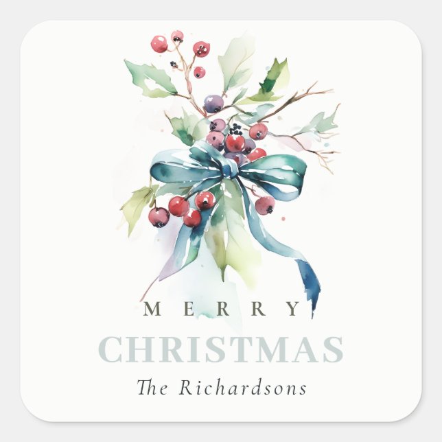 Watercolor Blue Green Winter Berries Weihnachten Quadratischer Aufkleber (Vorderseite)