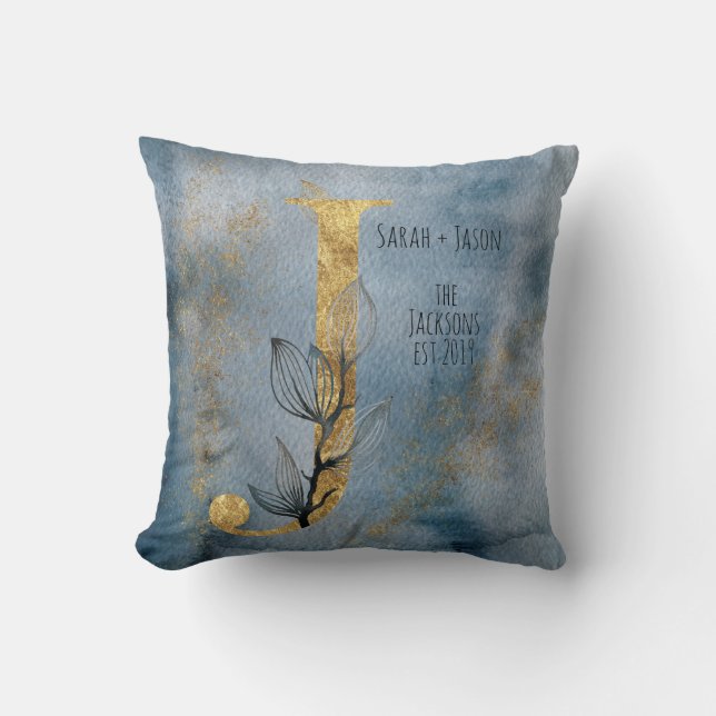 Watercolor Blue Grey Gold J Monogram Throw Pillow Kissen (Vorderseite)