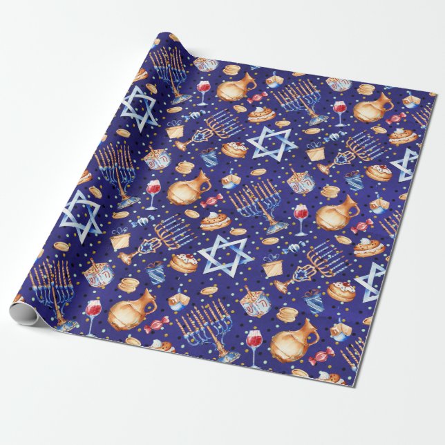 Watercolor Blue Hanukkah Chanukah Gold Geschenkpapier (Ungerollt)