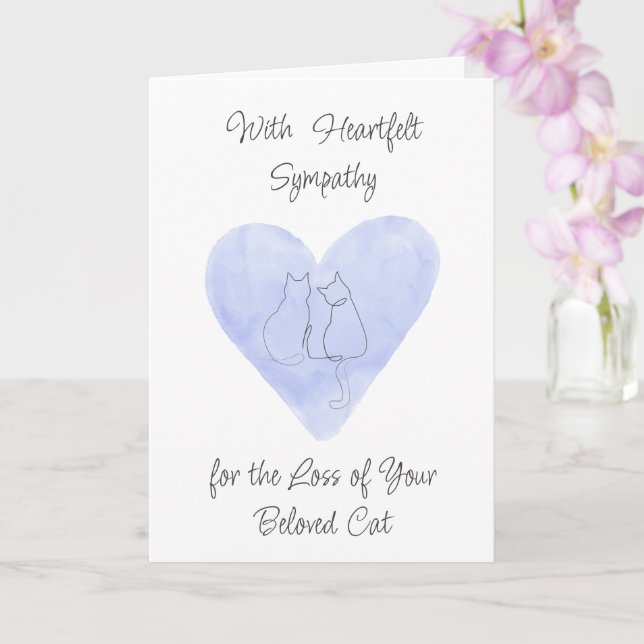 Watercolor Blue Heart with Cat Drawing Sympathy Karte (Orchidee)