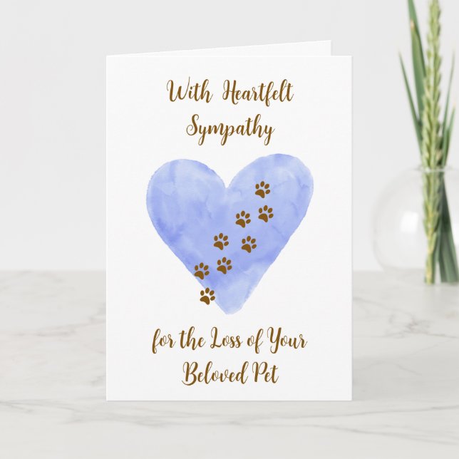 Watercolor Blue Heart with Pet Paws Sympathy Karte (Vorderseite)