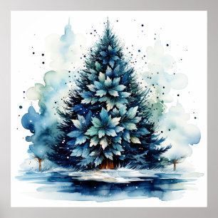 Watercolor Blue Holiday Christmas Trester Poster