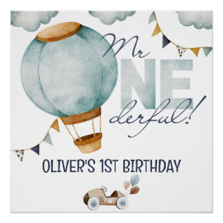 Watercolor Blue Hot Air Ballon Mr ONEderful Boy Poster