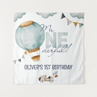 Watercolor Blue Hot Air Ballon Mr ONEderful Boy Wandteppich