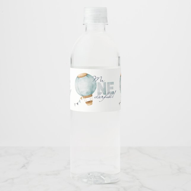 Watercolor Blue Hot Air Ballon Mr ONEderful Boy Wasserflaschenetikett (Vorderseite)