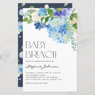 Watercolor Blue Hydrangea Baby Brunch Einladung