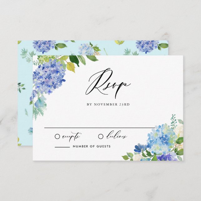 Watercolor Blue Hydrangea Bouquet Wedding RSVP Karte (Vorne/Hinten)