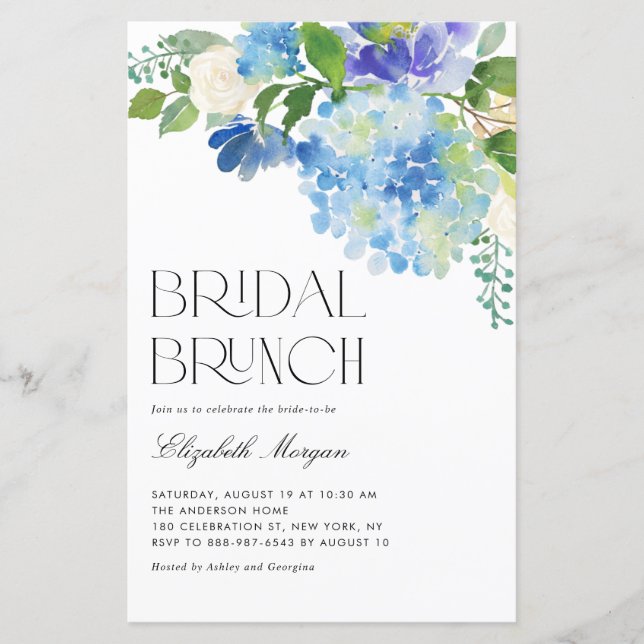 Watercolor Blue Hydrangea Bridal Brunch Einladung (Vorderseite)