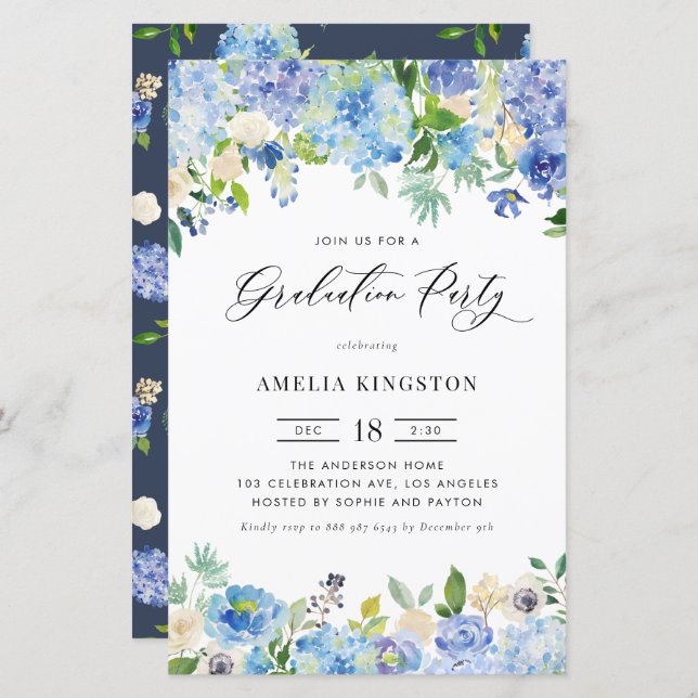 Watercolor Blue Hydrangea Graduation Party - Einla (Vorne/Hinten)