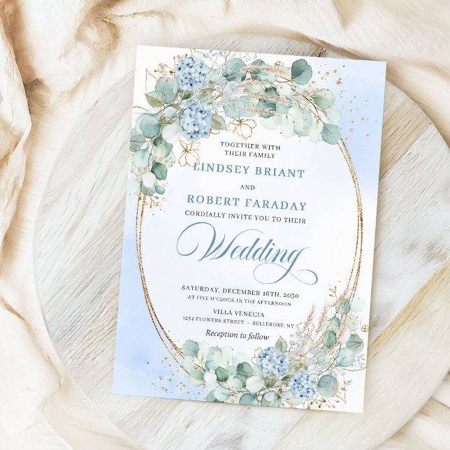 Watercolor Blue Hydrangea Wheat Wedding Invitation Einladung (Watercolor Blue Hydrangea Wheat Wedding Invitation)