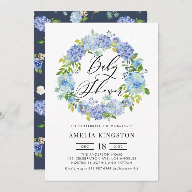 Watercolor Blue Hydrangea Wreath Baby Dusche Einladung (Vorne/Hinten)