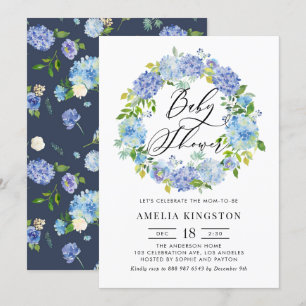 Watercolor Blue Hydrangea Wreath Baby Dusche Einladung