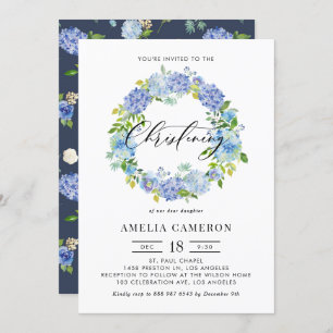 Watercolor Blue Hydrangea Wreath Christening Einladung