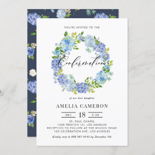 Watercolor Blue Hydrangea Wreath Confirmation Einladung