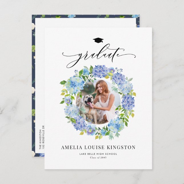 Watercolor Blue Hydrangea Wreath Foto Abschluss Ankündigungspostkarte (Vorne/Hinten)