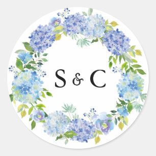 Watercolor Blue Hydrangea Wreath Wedding Monogram Runder Aufkleber