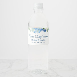 Watercolor Blue Hydrangeas Floral Best Day Ever Wasserflaschenetikett