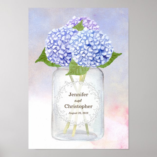 Watercolor Blue Hydrangeas und Mason Jar Wedding Poster (Vorne)
