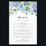 Watercolor Blue Hydrangeas Wedding Menu Card<br><div class="desc">Fügen Sie Ihrem Event-Tischfußboden einen eleganten Blumenakzent hinzu. Es verfügt über eine blühende Blumengarage mit blauen und lila Hydrangeas, Elfenbein-Rose und Grün. Personalisieren Sie diese Blumenkarte in Aquarellfarbe, indem Sie Ihre eigenen Details hinzufügen. Diese Karte aus Hydrangea ist ideal für Hochzeiten im Frühjahr und im Winter, für Brautpartys, Babyduschen und...</div>