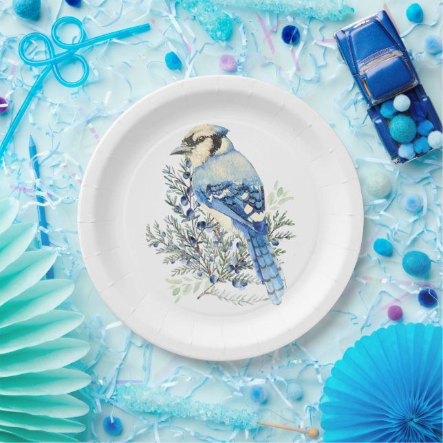 Watercolor Blue Jay Bird Blueberries Country Art Pappteller (Party)