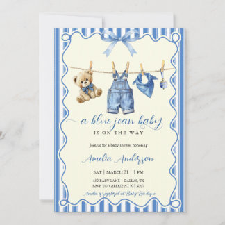 Watercolor Blue Jean Baby Teddy Bear Baby Shower Einladung