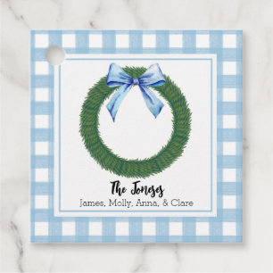 Watercolor Blue Kariert Bow Wreath Geschenk-Tag Geschenkanhänger