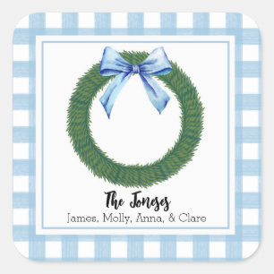 Watercolor Blue Kariert Bow Wreath Geschenkstift Quadratischer Aufkleber