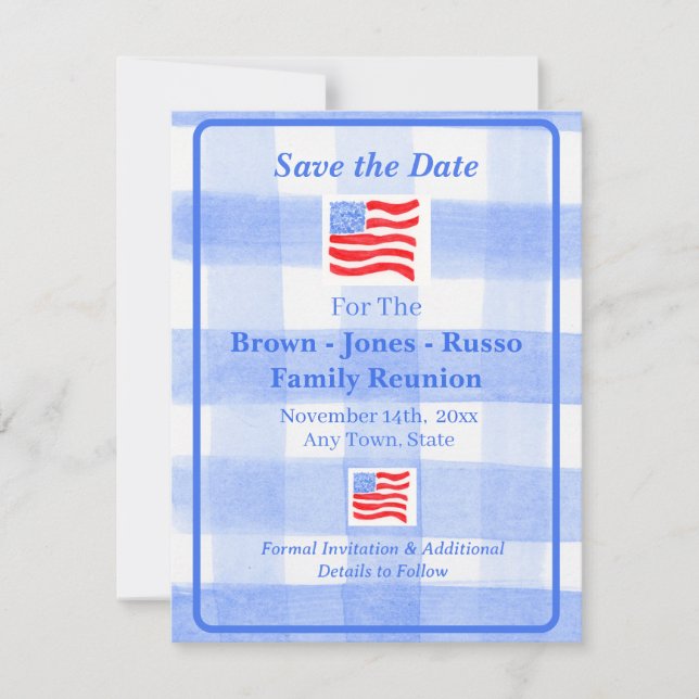 Watercolor Blue Karo USA Flag SAVE THE DATE (Vorderseite)