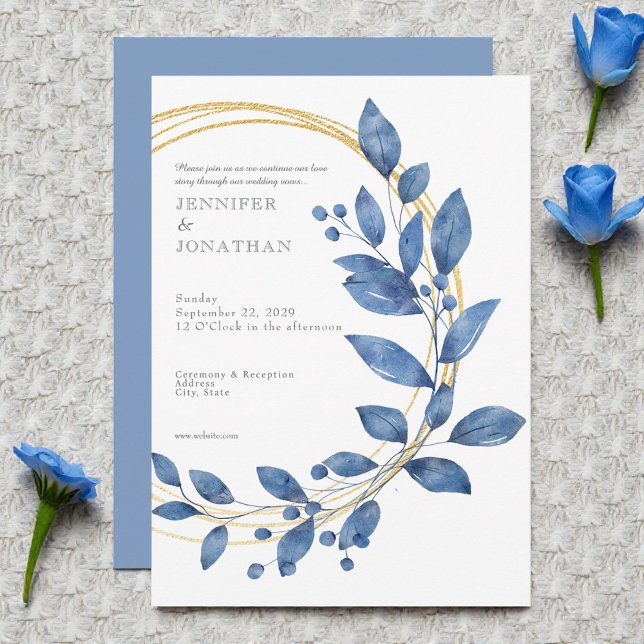 Watercolor Blue Leaves Gold Wedding Invitation Einladung (Von Creator hochgeladen)