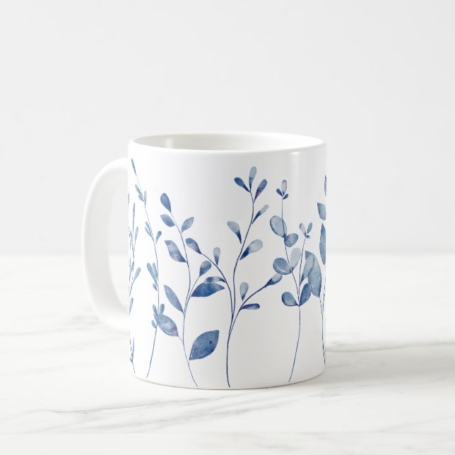 Watercolor Blue Leaves Kaffeetasse (Vorderseite Links)