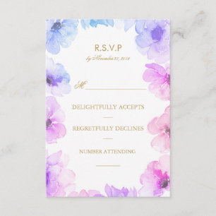 Watercolor Blue Lila Floral Wreath Wedding Rsvp Karte