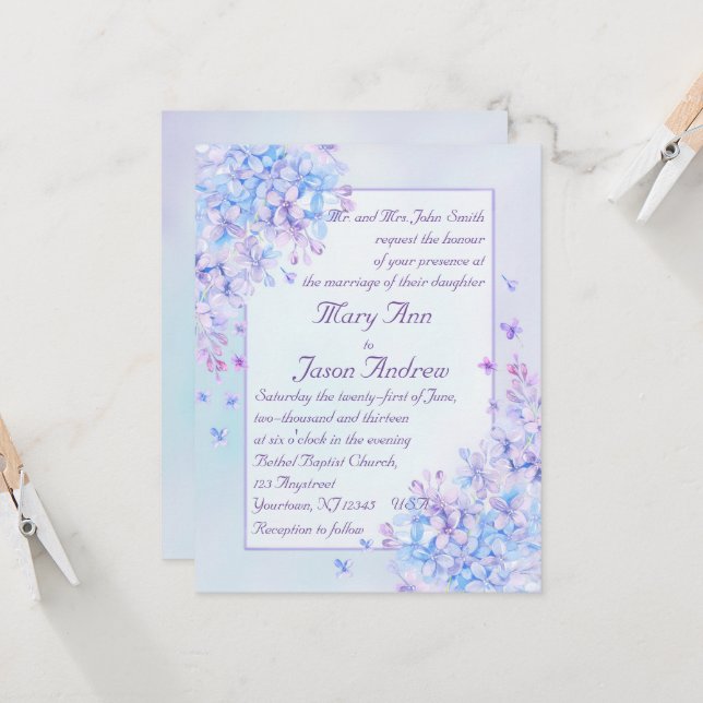 Watercolor Blue Lila Lilac Blume Hochzeit Einladun Einladung (Vorderseite/Rückseite Beispiel)