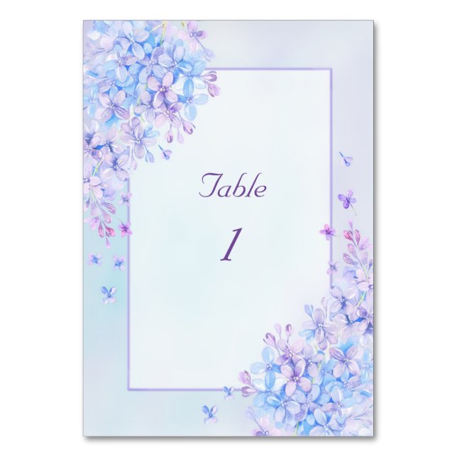 Watercolor Blue Lila Lilac Blume Tischnummer (Vorderseite)